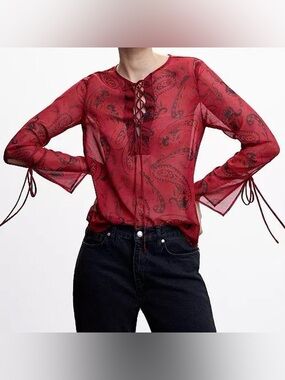 Mango Red Paisley Lace-Up Semi-Sheer Blouse